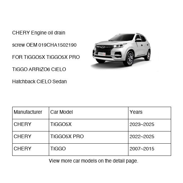 CHERY Engine oil drain screw OEM 019CHA1502190 FOR TIGGO5X TIGGO ARRIZO6 CIELO 019CHA1502190-CHERY_OEM