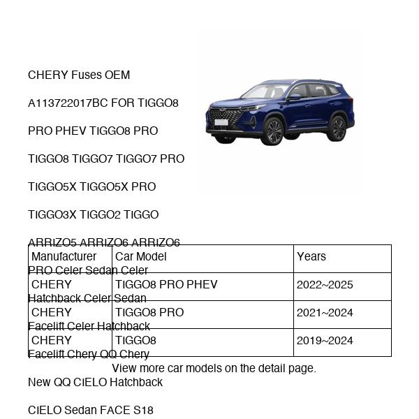 CHERY Fuses OEM A113722017BC FOR TIGGO8 TIGGO7 TIGGO5X TIGGO3X TIGGO2 TIGGO ARRIZO5 ARRIZO6 Celer Chery CIELO FACE S18 ARRIZO5e A113722017BC-CHERY_OEM
